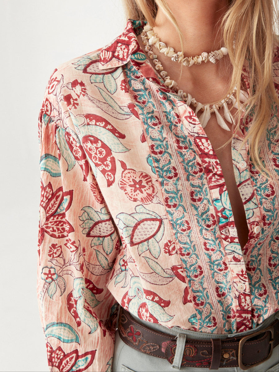 Blouse with Italian embroidery on soft aubergine color silk