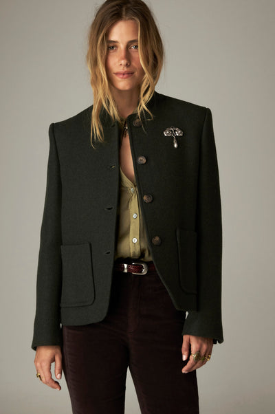Salao Jacket in Moss, a wool blend jacket with band collar, button front and patch pockets