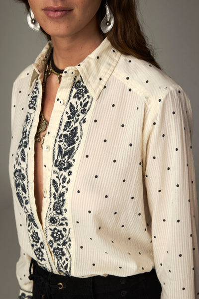 Rumba Shirt in Anís, a printed cotton shirt with classic collar and contrast printed bands at the placket and cuffs