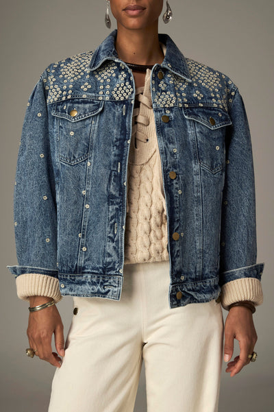 Ryder Jacket in Blue Note, an all-over embroidered denim jacket with classic collar and buttoned chest pockets