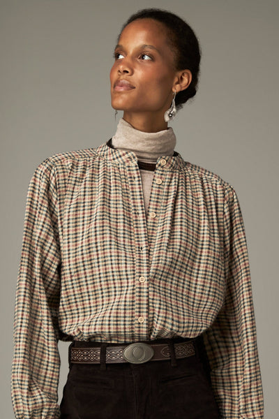Vera Shirt in Rustic Plaid, a checked shirt with band collar, gathered yokes and voluminous sleeves
