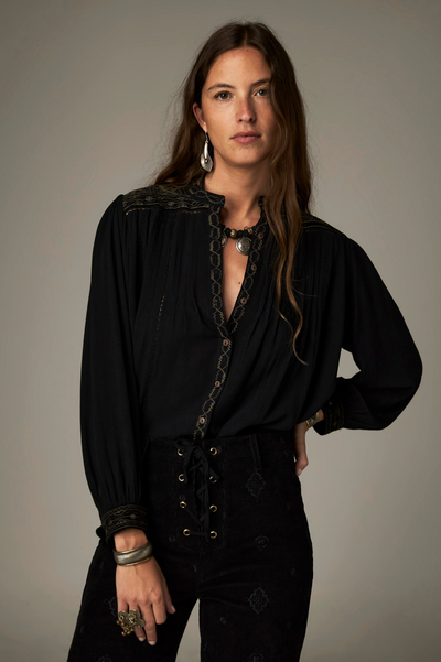 Marie Blouse in Onix, a Tencel crepe blouse with band collar, contrasting embroidery on the yokes and cuffs and mirror details