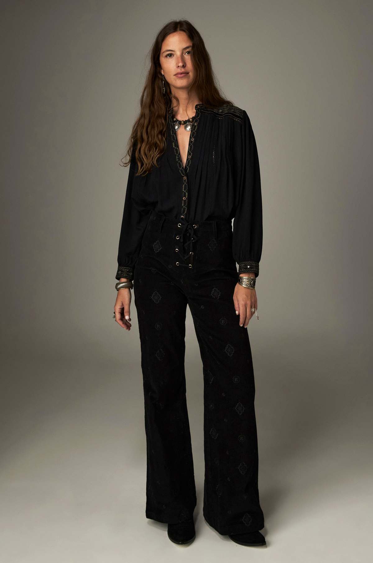 Marie Blouse in Onix, a Tencel crepe blouse with band collar, contrasting embroidery on the yokes and cuffs and mirror details