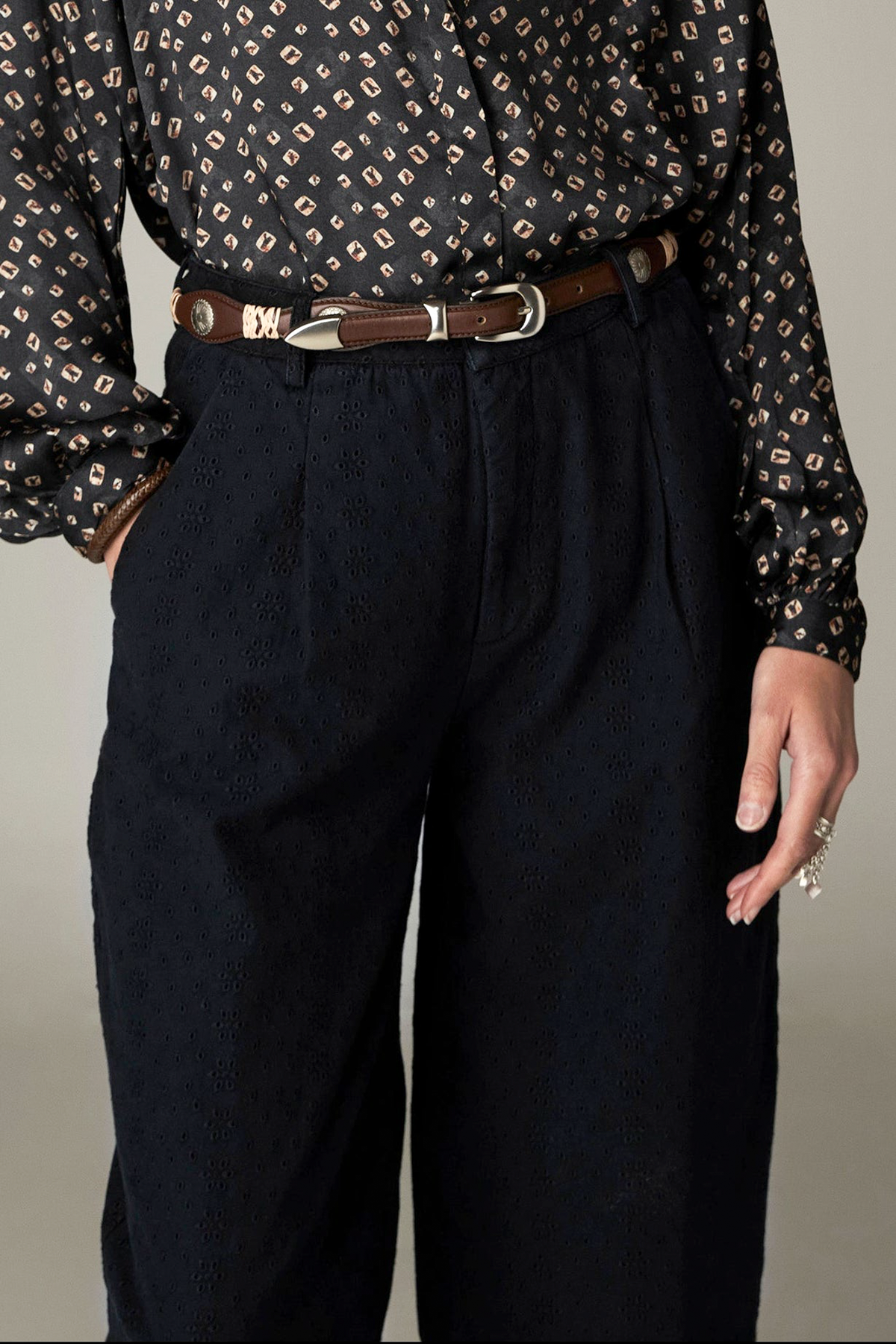 Pongo Pant in Charcoal, high-rise wide-leg schiffli denim trousers with front pleats and side pockets