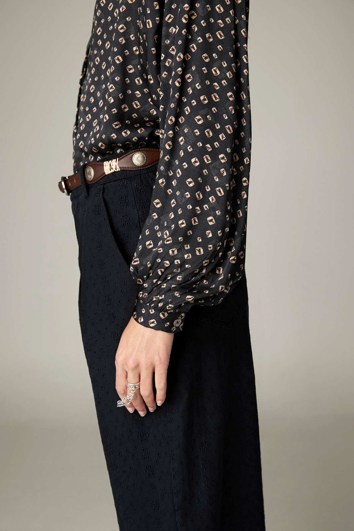 Pongo Pant in Charcoal, high-rise wide-leg schiffli denim trousers with front pleats and side pockets