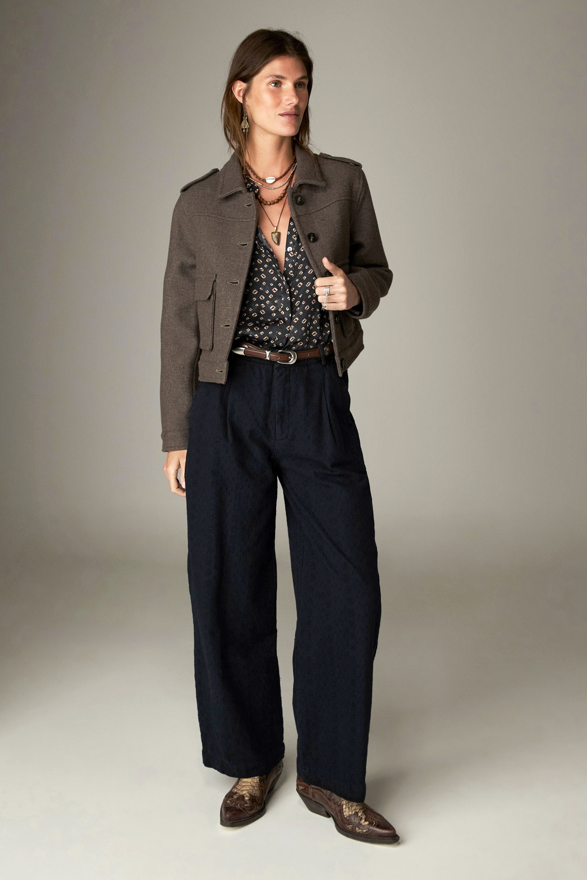 Pongo Pant in Charcoal, high-rise wide-leg schiffli denim trousers with front pleats and side pockets